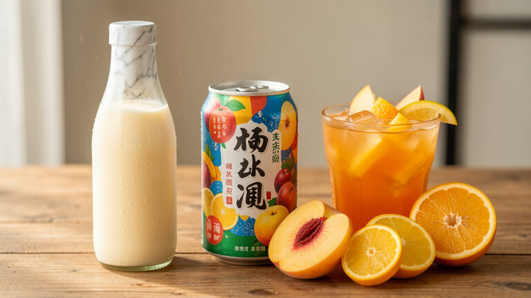 Assortiment de boissons gazeuses asiatiques rafraîchissantes avec une bouteille à bille, une boisson lactée et des boissons aux fruits, entourées de morceaux de pêche, de mangue et d’agrumes.