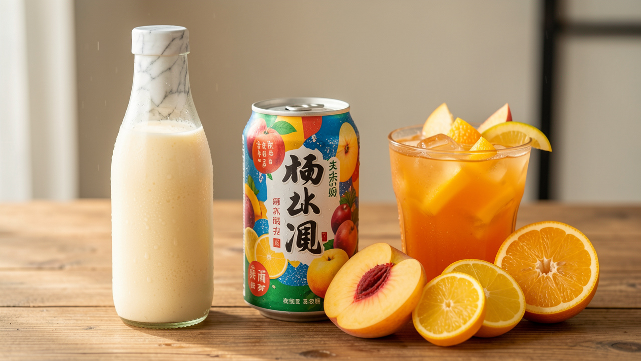 Assortiment de boissons gazeuses asiatiques rafraîchissantes avec une bouteille à bille, une boisson lactée et des boissons aux fruits, entourées de morceaux de pêche, de mangue et d’agrumes.
