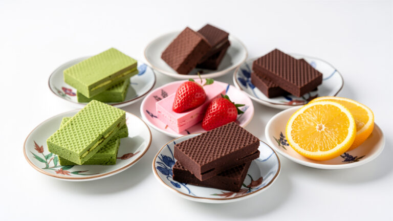 Assortiment de barres gaufrettes enrobées de chocolat, présentées dans plusieurs parfums inspirés du Japon, dont le thé matcha, la fraise, le chocolat noir et les agrumes.