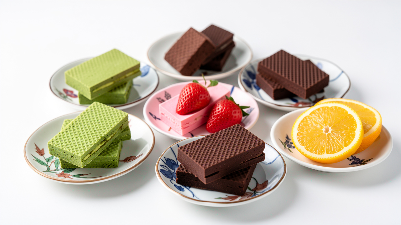 Assortiment de barres gaufrettes enrobées de chocolat, présentées dans plusieurs parfums inspirés du Japon, dont le thé matcha, la fraise, le chocolat noir et les agrumes.