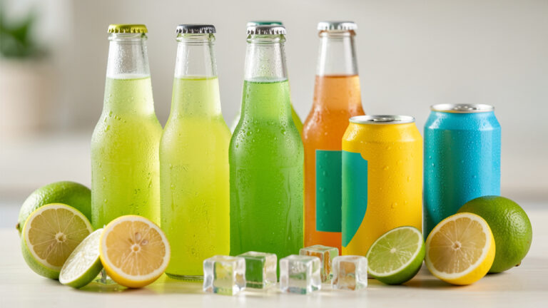 Assortiment de sodas citron-citron vert importés, présentés très frais avec des glaçons et des tranches de citron et de citron vert.
