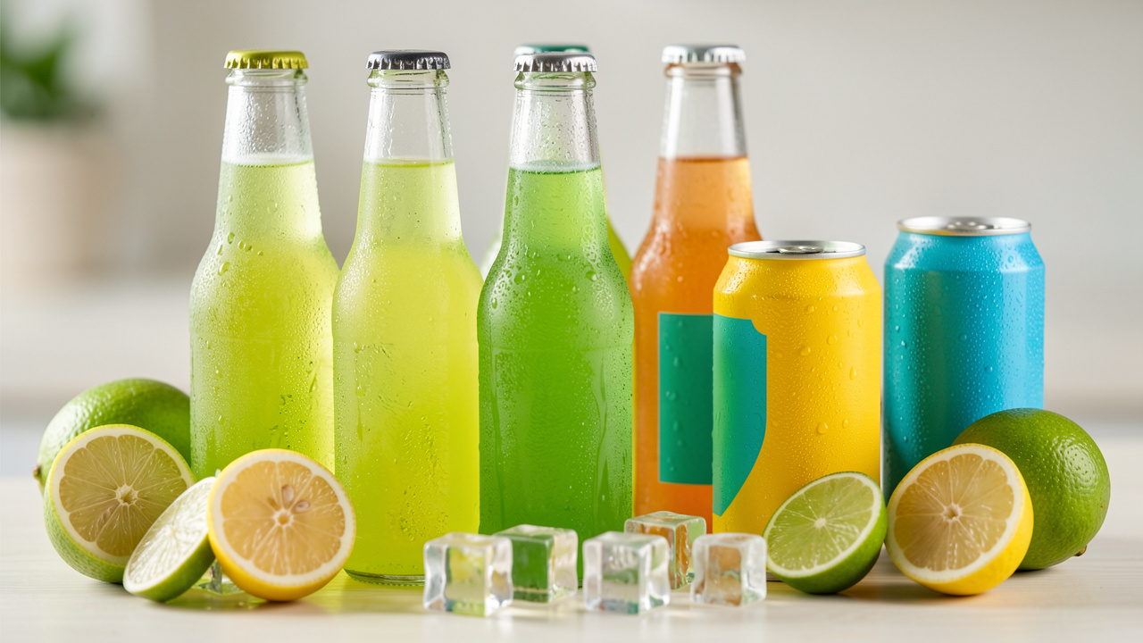 Assortiment de sodas citron-citron vert importés, présentés très frais avec des glaçons et des tranches de citron et de citron vert.