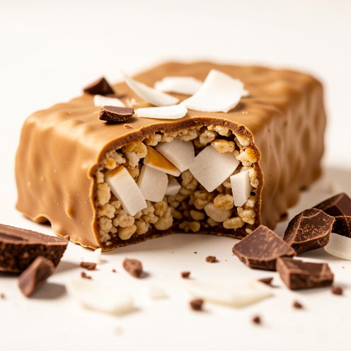 Barre chocolatée croustillante à la noix de coco, ouverte pour révéler sa composition intérieure, entourée de copeaux de noix de coco et de morceaux de cacao.