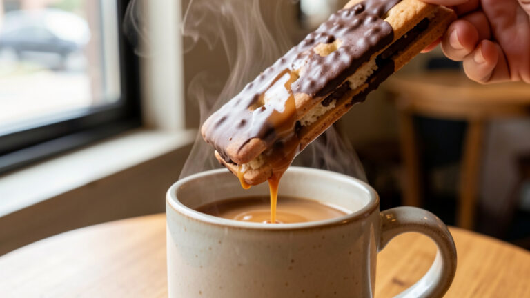 Un biscuit chocolaté posé sur le bord d’une tasse de café fumant, illustrant une dégustation gourmande.