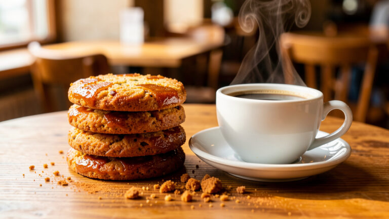 Une pile de biscuits belges dorés aux épices, disposée à côté d’une tasse de café fumant sur une table en bois.