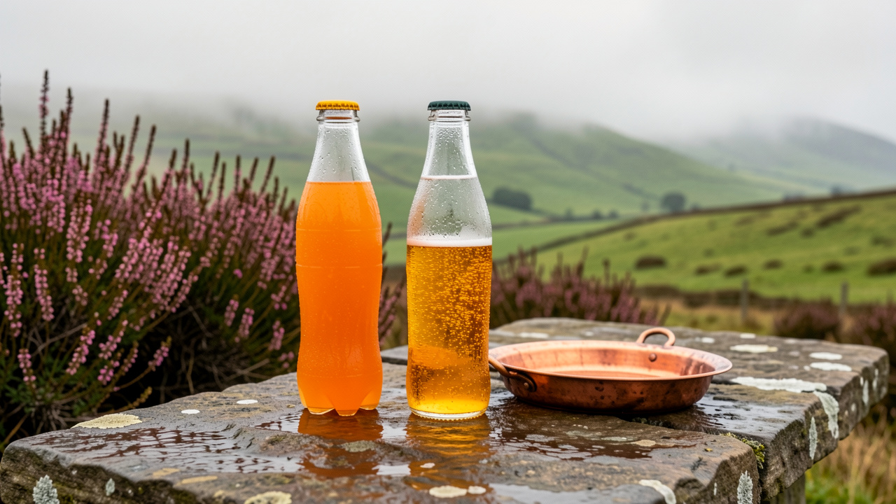Bouteille et verre de boisson gazeuse orange sur une table en pierre, avec des paysages vallonnés et brumeux d’Écosse en arrière-plan.