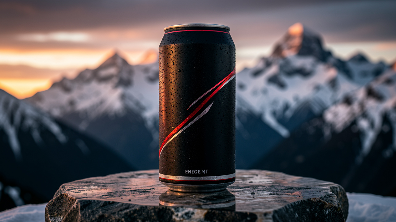 Canette sombre de boisson énergisante autrichienne, perlée de condensation, posée sur une pierre devant les montagnes alpines enneigées au lever du jour.