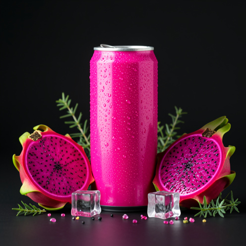 Canette rose sans marque entourée de fruits du dragon coupés, de glaçons et de gouttelettes, présentée dans une composition de photographie culinaire.