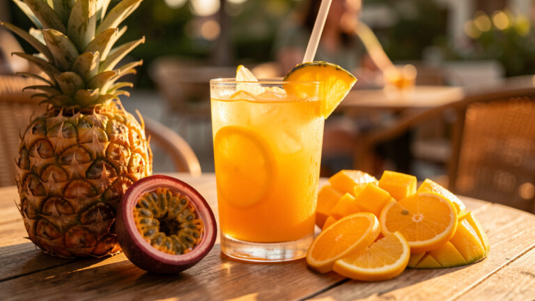 Boisson fruitée tropicale bien fraîche entourée de morceaux d’ananas, de mangue, de fruit de la passion et d’agrumes sur une table ensoleillée.