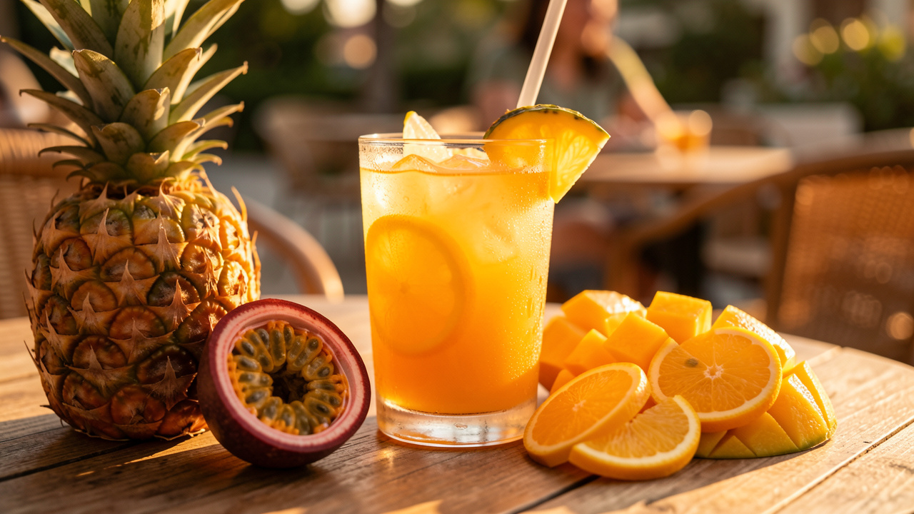 Boisson fruitée tropicale bien fraîche entourée de morceaux d’ananas, de mangue, de fruit de la passion et d’agrumes sur une table ensoleillée.