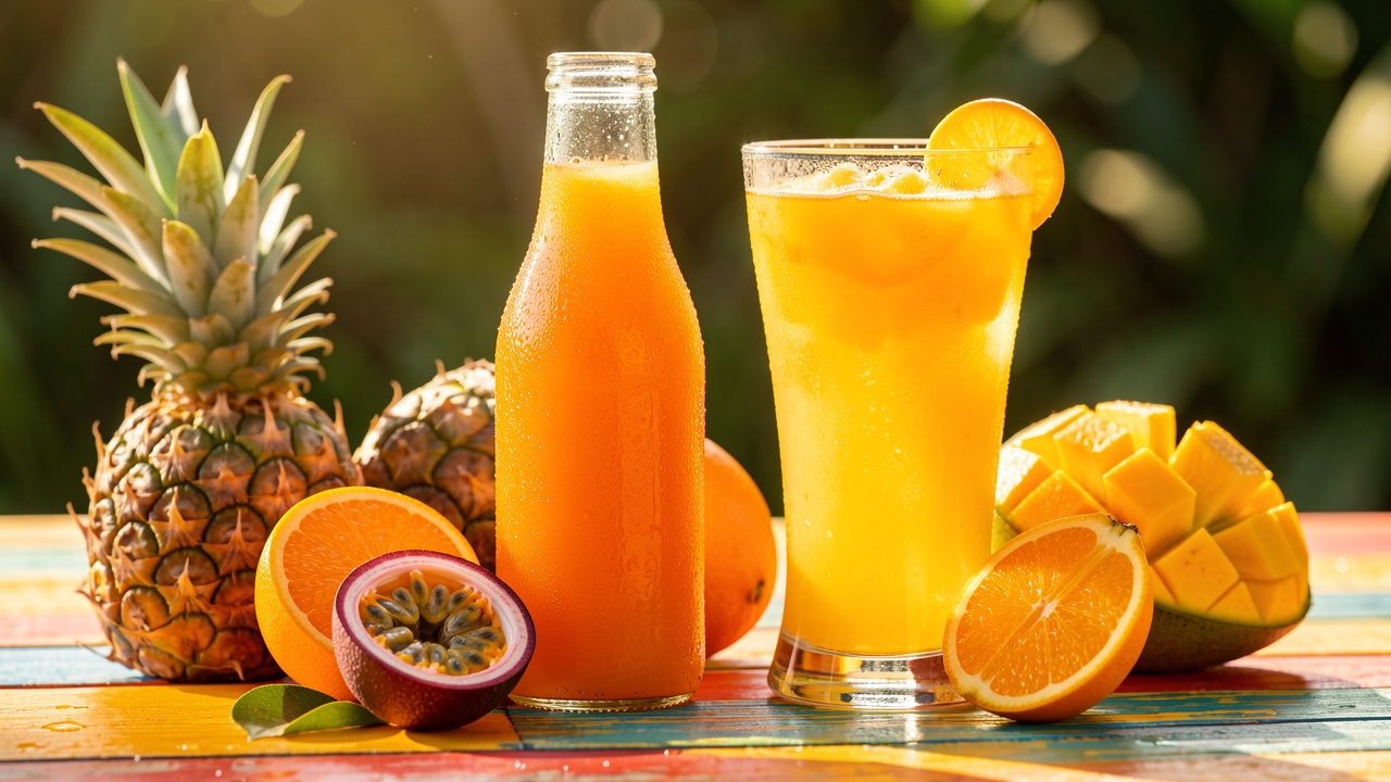 Boisson fruitée tropicale servie dans une bouteille en verre et un grand verre, entourée de fruits frais colorés.