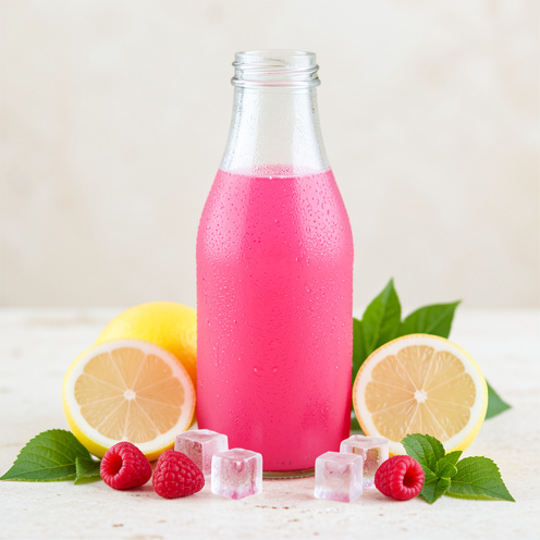 Bouteille en verre remplie de limonade rose, entourée de rondelles de citron, de framboises, de glaçons et de feuilles vertes.