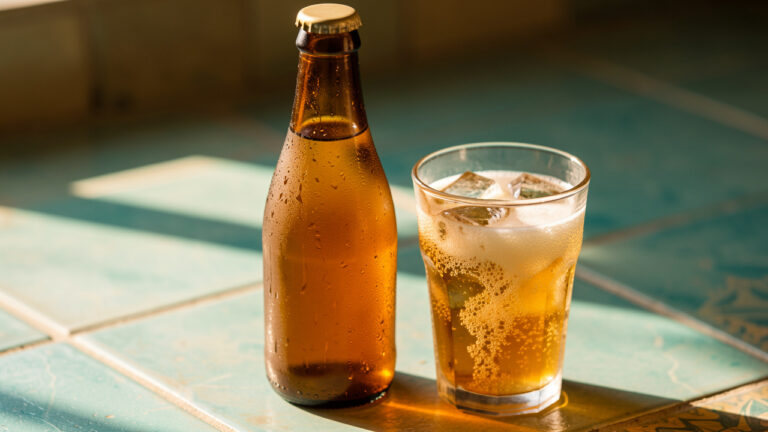 Bouteille en verre ambré de boisson pétillante algérienne rétro, accompagnée d’un verre rempli de glaçons et de bulles sur une surface carrelée.