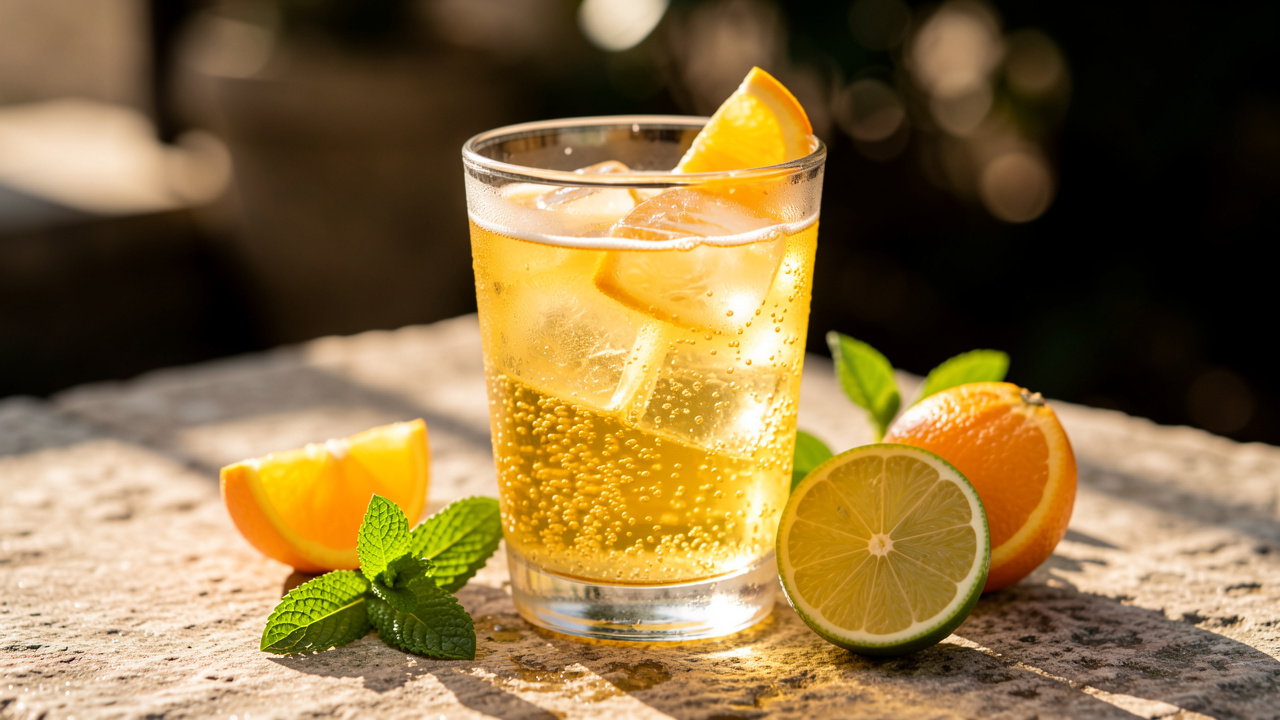 Verre rempli d’une boisson pétillante dorée aux agrumes, avec glaçons, quartiers d’orange et de citron vert, et feuilles de menthe sur une table en pierre éclairée par le soleil.