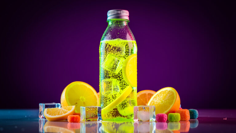 Boisson pétillante acidulée aux couleurs fluorescentes, entourée de glaçons, d’agrumes et de petites bouchées gourmandes.