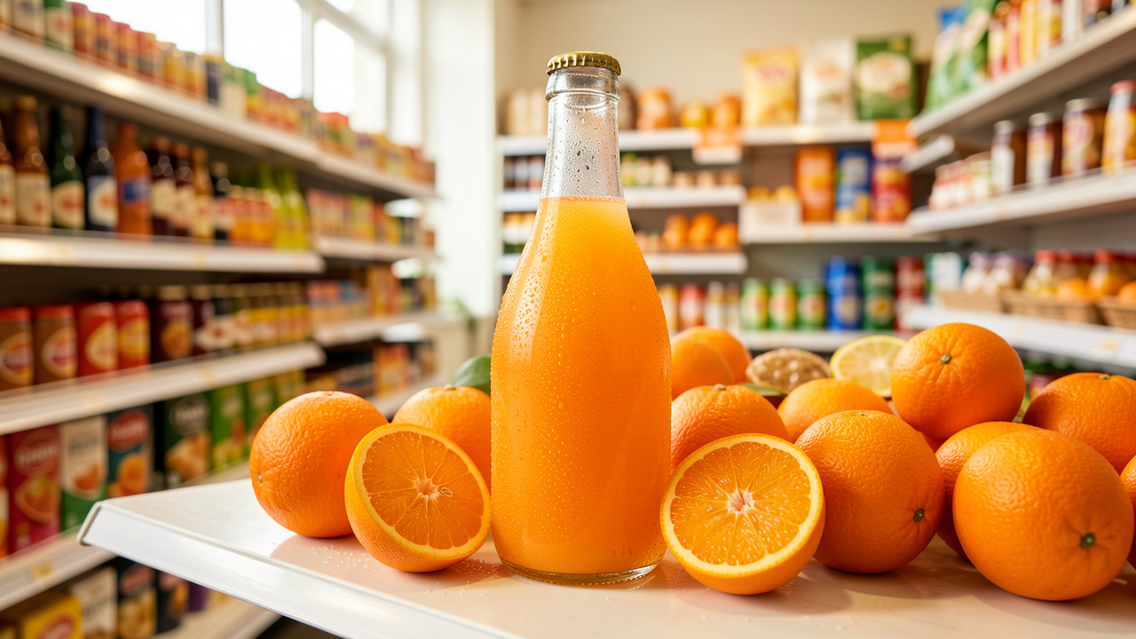 Bouteille de boisson pétillante à l’orange entourée d’oranges fraîches sur une étagère d’épicerie internationale.