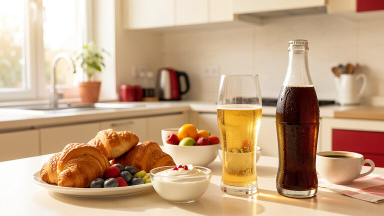 Verre de cola pétillant sans sucre servi avec un petit-déjeuner composé de croissants, fruits frais, yaourt et café.