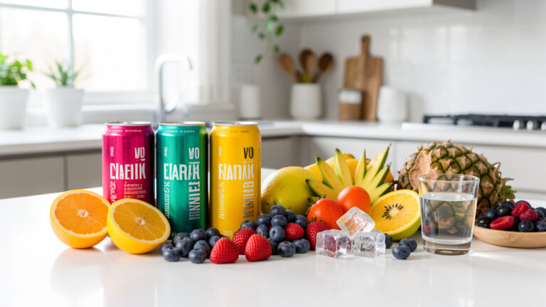Arrangement de canettes de boissons énergisantes sans marque, accompagnées d’agrumes, de fruits rouges, de fruits tropicaux, de glaçons et d’un verre d’eau.
