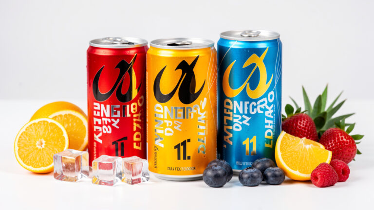 Sélection colorée de boissons énergisantes importées présentées avec des glaçons et des fruits évoquant différents goûts.