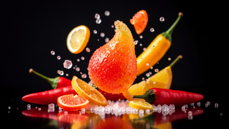 Bonbon piquant en forme de flamme, entouré de piments colorés, de tranches d’agrumes et de cristaux de sucre scintillants.