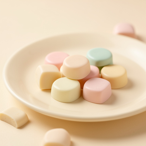 Assortiment de bonbons au chocolat blanc enrobés de couleurs pastel, présenté élégamment sur une assiette claire.