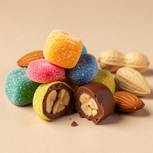 Bonbons chocolatés colorés présentés avec des amandes entières et des cacahuètes pour illustrer leurs différences de goût et de texture.