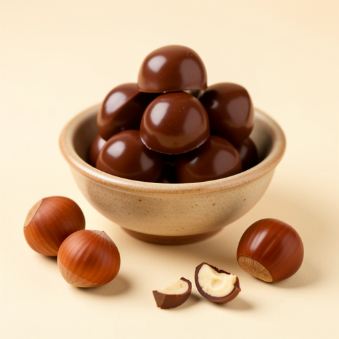 Bonbons chocolatés à la noisette présentés dans un bol avec des noisettes entières et des éclats de noisette.