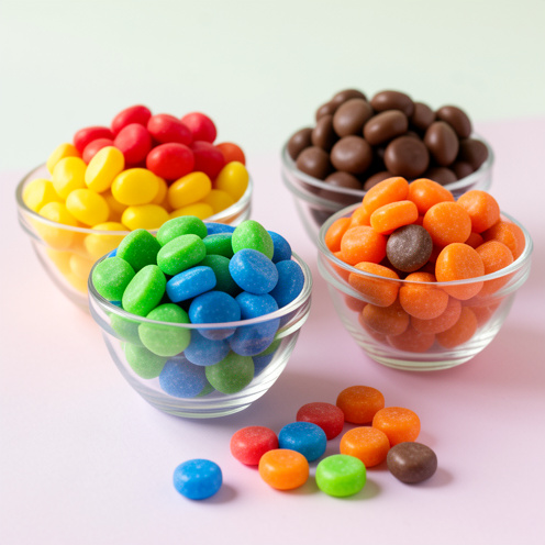 Bonbons chocolatés colorés répartis par teinte dans plusieurs bols en verre, illustrant le choix des couleurs et leurs différentes utilisations.