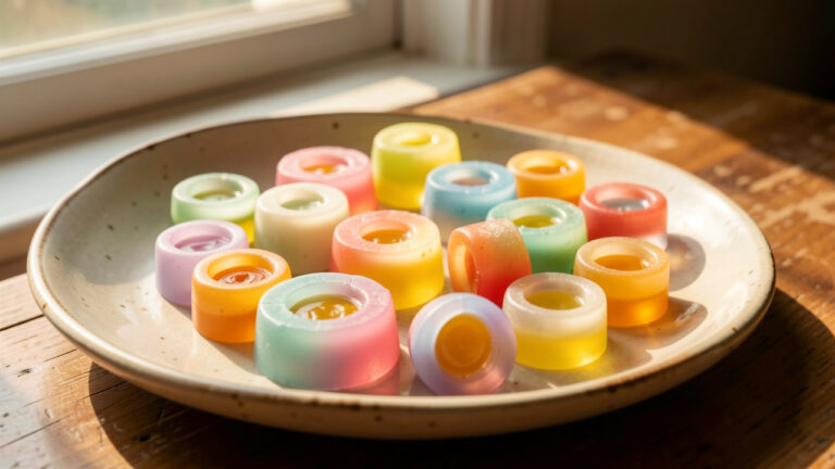 Des bonbons rétro en cire translucide, colorés et en forme de petites bouteilles, présentés dans une coupelle en céramique.
