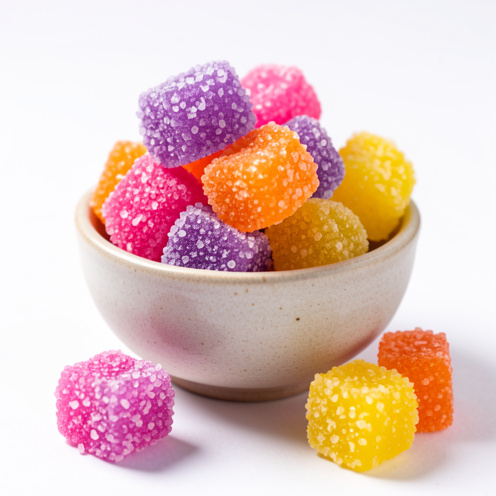 Gros plan de bonbons gélifiés multicolores en grappes, recouverts de petites confiseries croquantes, mettant en valeur leur contraste de textures.