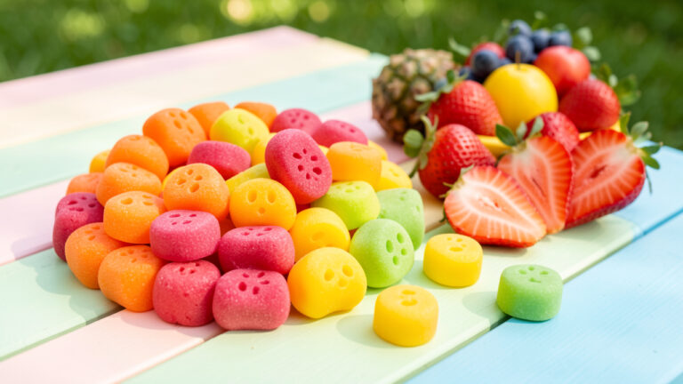 Assortiment coloré de bonbons en forme de fruits, accompagné de morceaux de fruits frais sur une table pastel.