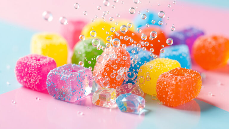 Gros plan de bonbons colorés entourés de petites bulles pétillantes sur une surface pastel brillante.