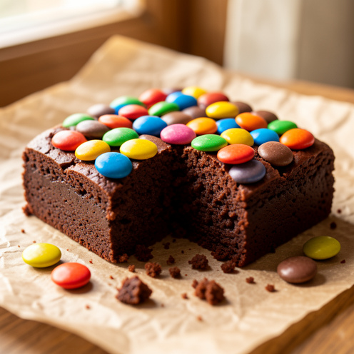 Part de brownie très fondant et dense, garnie de petits bonbons chocolatés colorés.