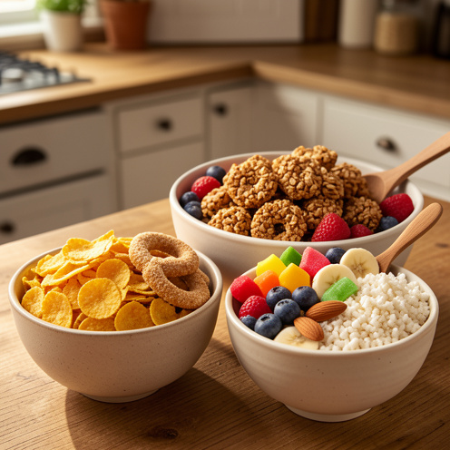Assortiment de céréales américaines présenté dans des bols avec fruits frais, amandes et cuillère en bois.