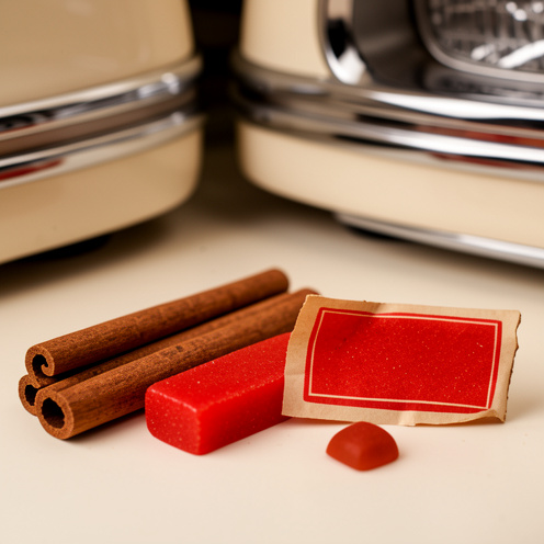 Morceaux de chewing-gum rouge à la cannelle disposés près de bâtons de cannelle, dans une ambiance inspirée d’un diner américain.