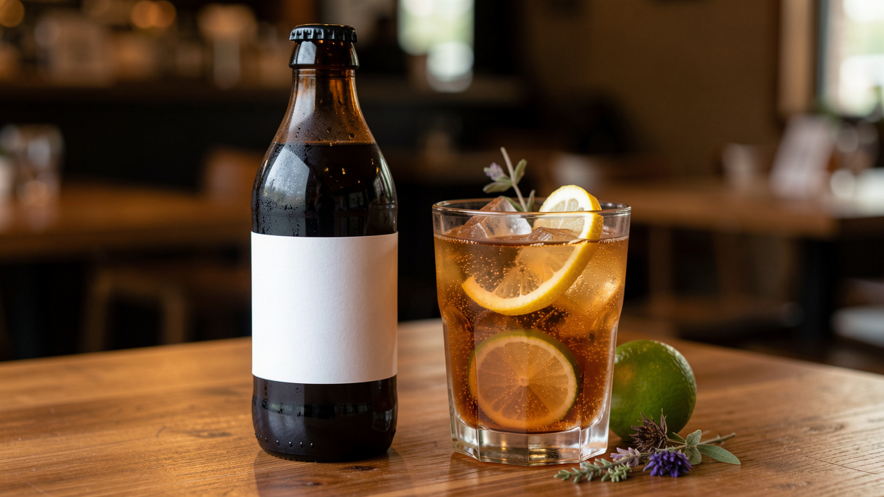 Bouteille en verre sombre sans étiquette et verre de cola pétillant avec glaçons, citron vert et aromates dans une ambiance de dégustation chaleureuse.