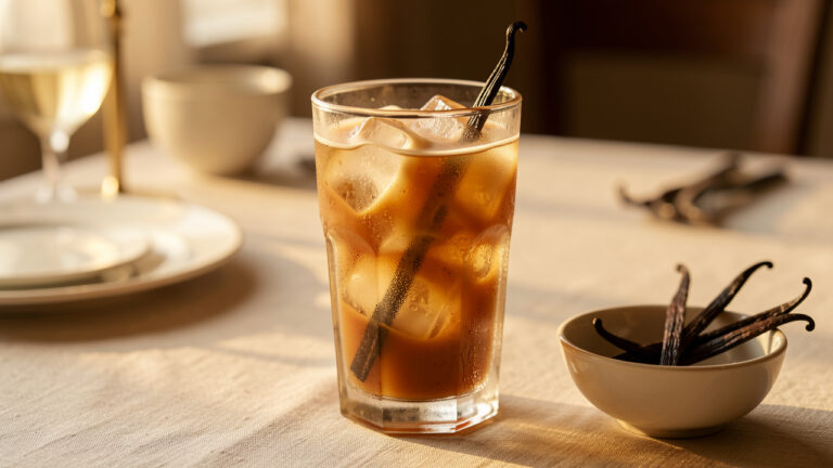 Verre de cola à la vanille pétillant avec des glaçons, une gousse de vanille et des zestes d’agrumes sur une table éclairée par une lumière dorée.