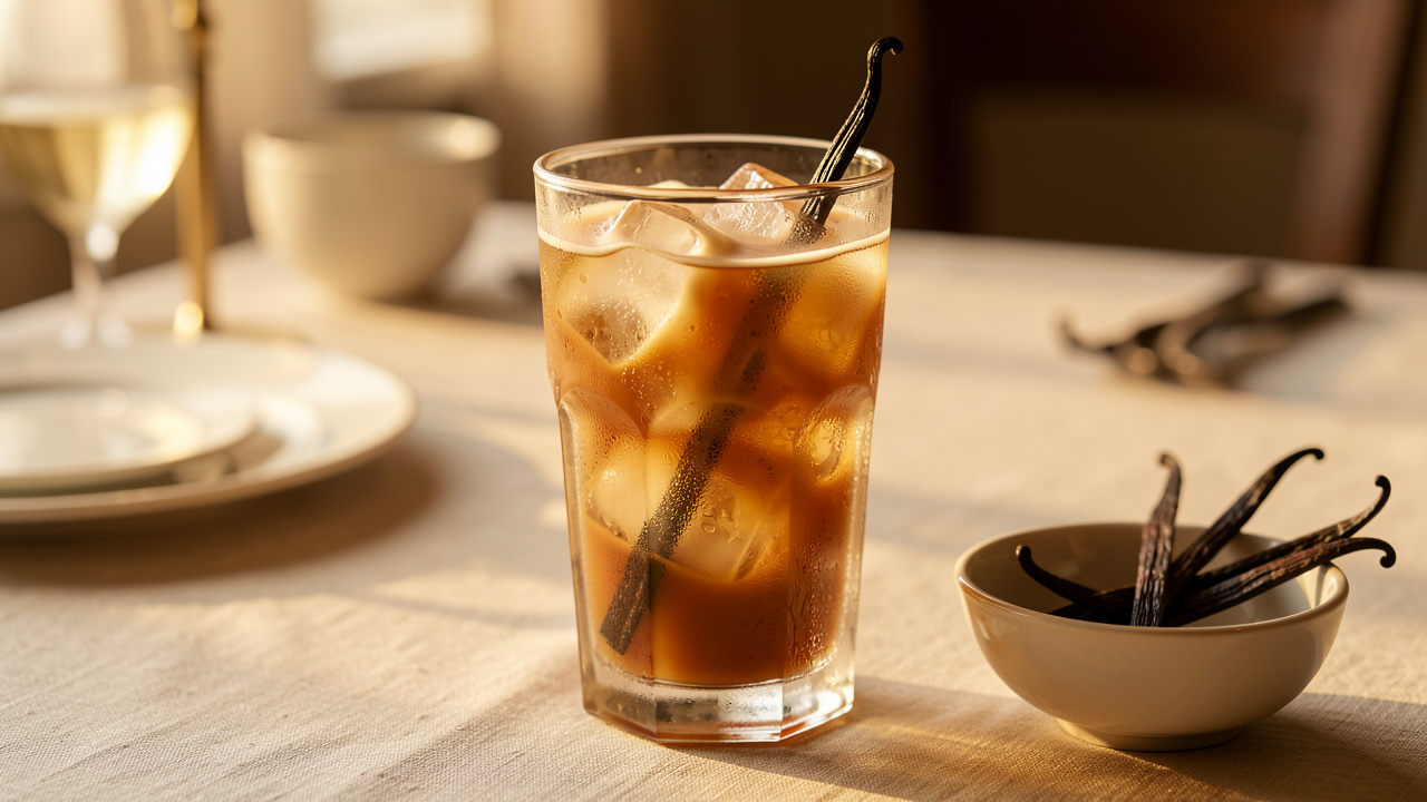 Verre de cola à la vanille pétillant avec des glaçons, une gousse de vanille et des zestes d’agrumes sur une table éclairée par une lumière dorée.