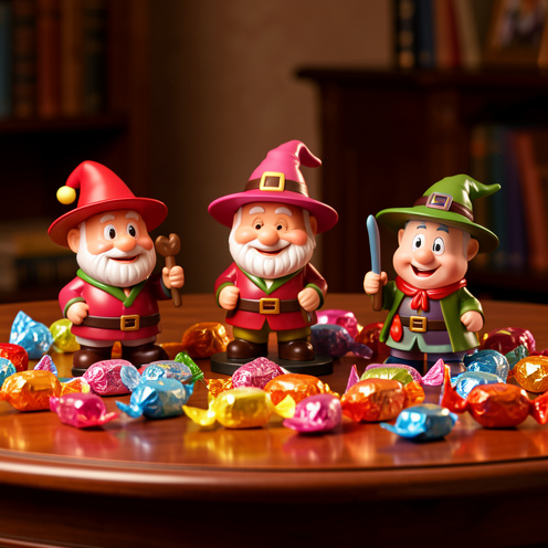 Collection de distributeurs de bonbons et de friandises colorées sur le thème de la magie, présentée sur une table en bois.