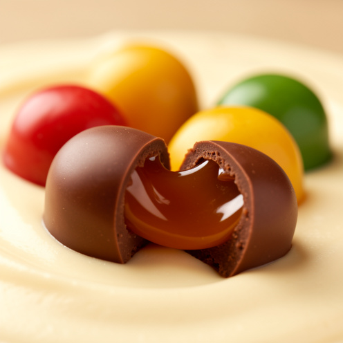Gros plan de confiseries enrobées de chocolat coloré, dont une ouverte laissant apparaître un cœur de caramel tendre et brillant.