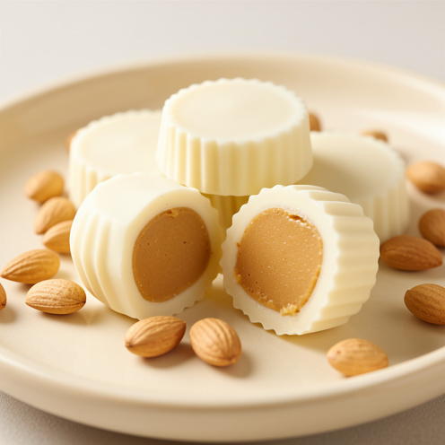 Coupelles au chocolat blanc garnies de beurre de cacahuète, dont une coupelle est ouverte pour révéler son cœur fondant.