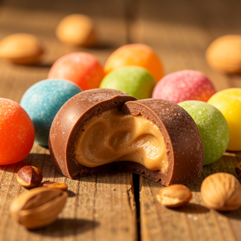 Confiseries enrobées de chocolat coloré, dont une est ouverte pour montrer son cœur crémeux au beurre de cacahuète, entourées de cacahuètes grillées.