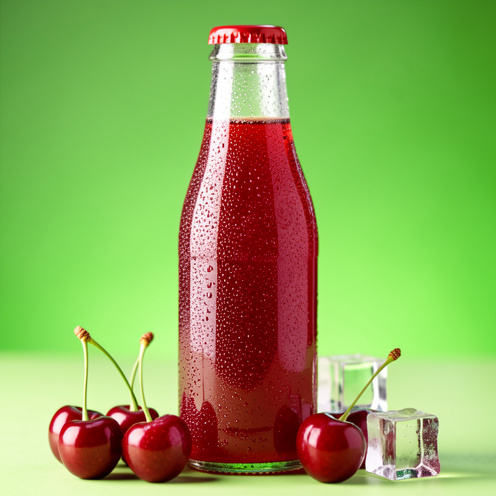 Boisson gazeuse rouge à la cerise dans une bouteille en verre, entourée de cerises fraîches et de glaçons.