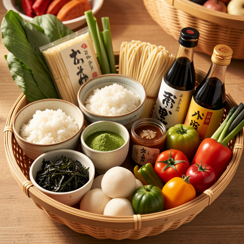 Sélection de spécialités japonaises et de produits d'épicerie présentés dans un panier en bambou, avec du thé matcha, des nouilles, du miso, des algues, des douceurs et des légumes colorés.