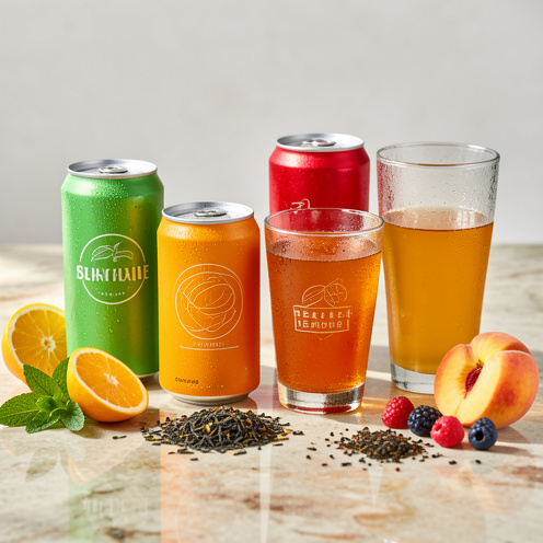 Gamme de boissons au thé présentées avec des agrumes, de la menthe, de la pêche, des fruits rouges et des feuilles de thé.