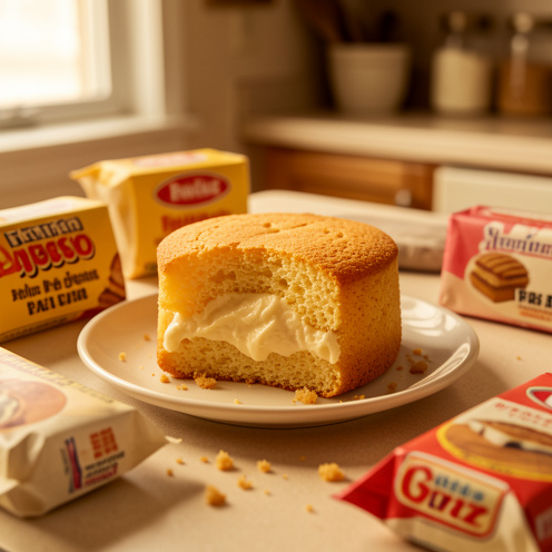 Un gâteau moelleux doré fourré à la crème, présenté sur une assiette dans une ambiance de pâtisserie rétro.