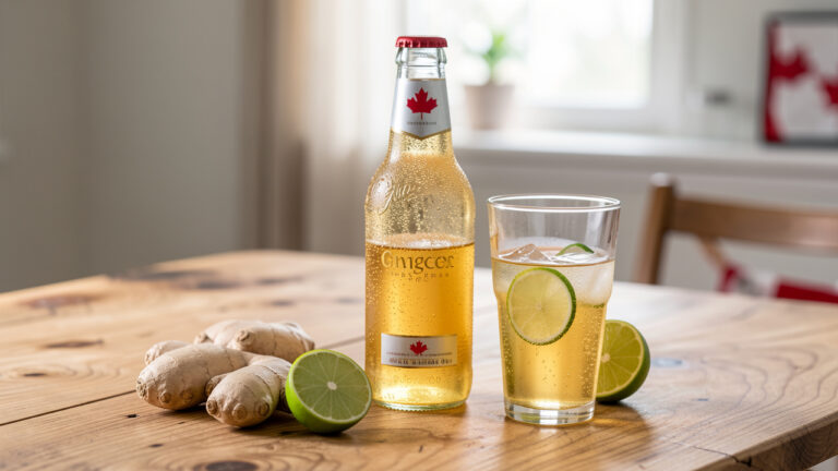 Bouteille et verre de ginger ale doré pétillant accompagnés de gingembre frais et de quartiers de citron vert sur une table en bois