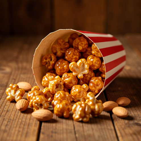 Popcorn doré enrobé de caramel, mélangé à des cacahuètes et présenté dans un contenant rayé sur une table en bois rustique.