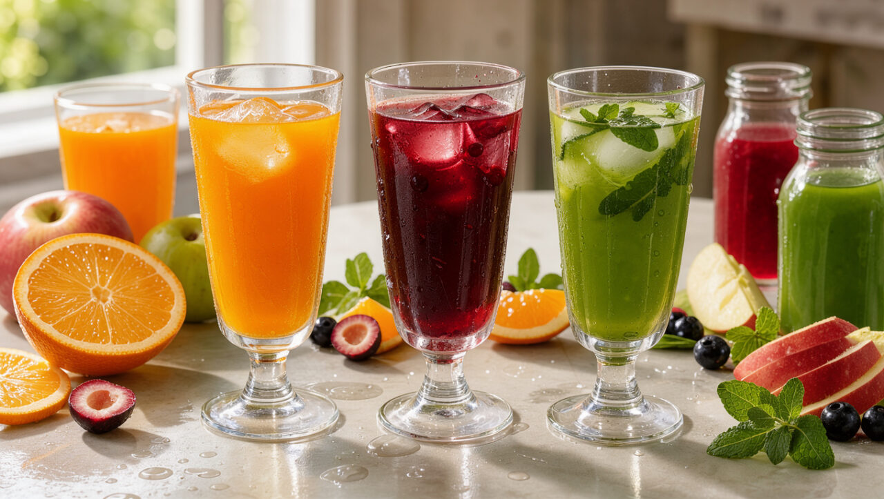 Verres et bouteilles en verre sans étiquette remplis de jus de fruits colorés, entourés d’agrumes, de pommes, de fruits rouges et de feuilles de menthe.
