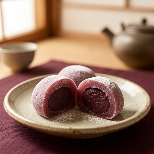 Mochis japonais blancs garnis d’une pâte lisse de haricot rouge, présentés sur une assiette en céramique artisanale.